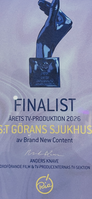 En bild på priset som finalist som "Årets TV-produktion" för S:t Görans sjukhus på RIA-galan